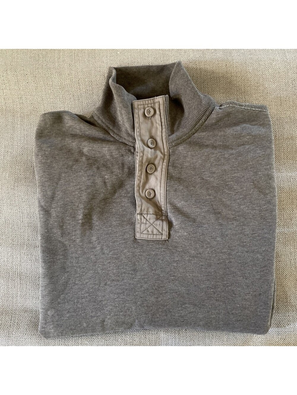 J Crew Sweatshirt Taupe Henley Mock Neck Broken Fleece L